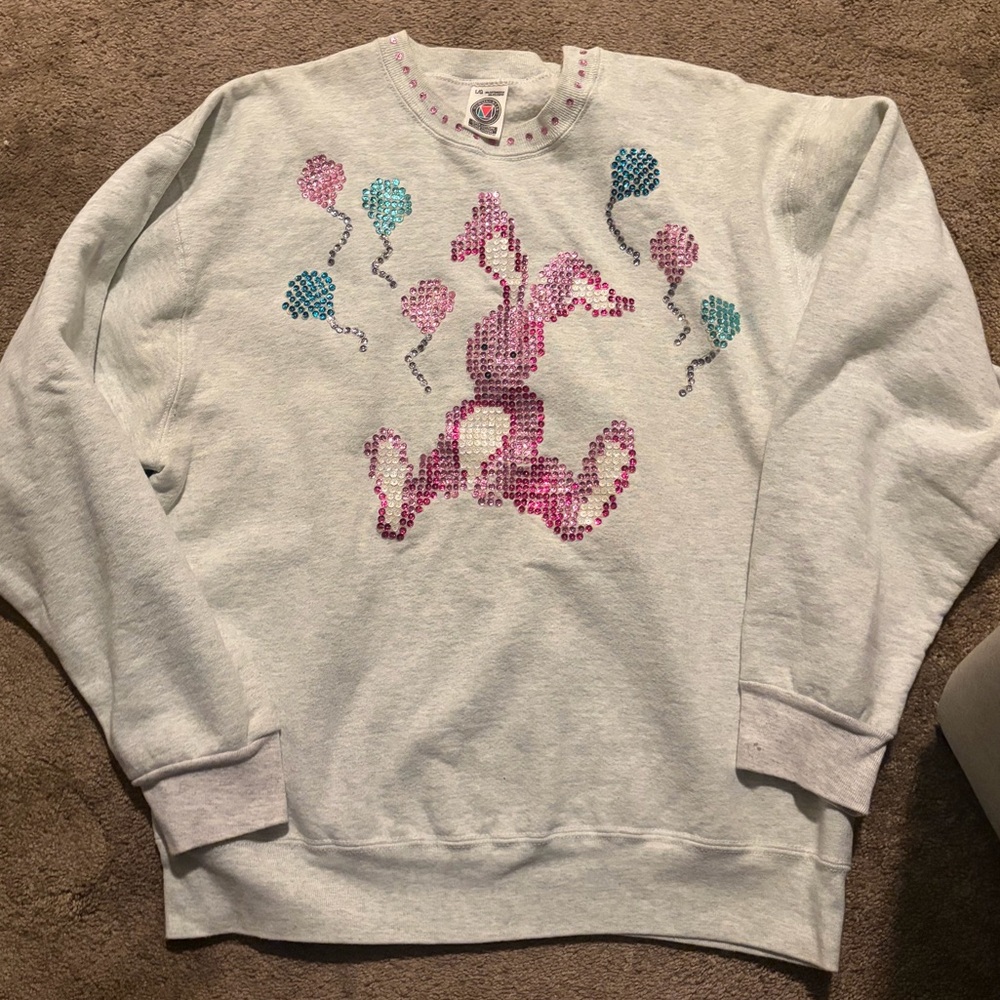 Vintage Grey Sequin Bunny Crewneck Sweatshirt - Unbranded Easter